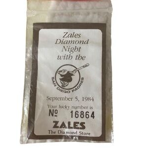 vintage Keepsake Zales Diamond Night w/ San Diego Padres on September 5, 1984.